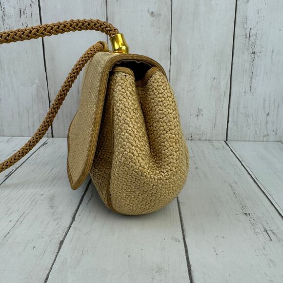 VTG De Veechi Tan/Gold Neutral Woven Jute Italian Clutch Shoulder Bag Beachy - Picture 8 of 11